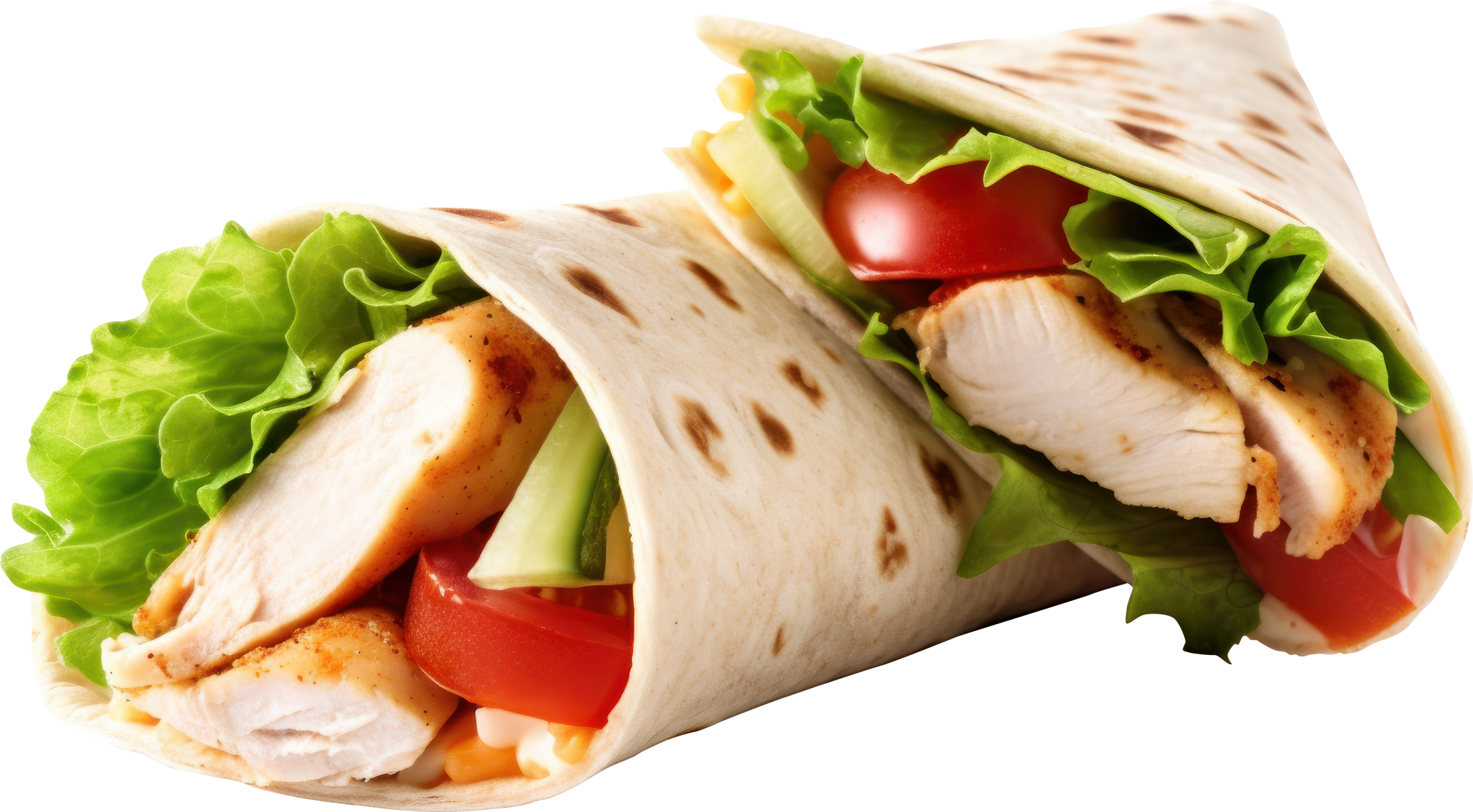 Chicken wrap with tomato cucumber and lettuce isolated.